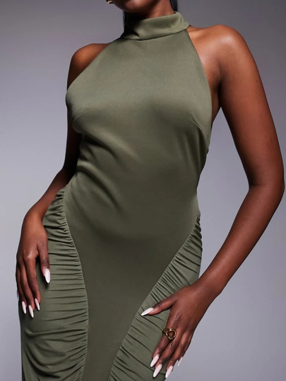 ASOS Olive Green One-Shoulder Halter Bodycon Dress